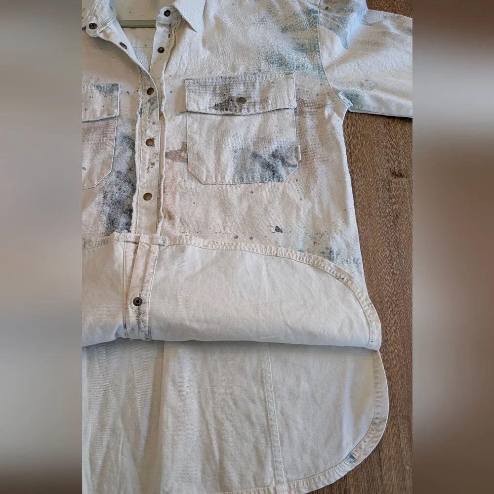 Free People Sunshine Fields Buttondown Top Splatter Denim Jacket Size S